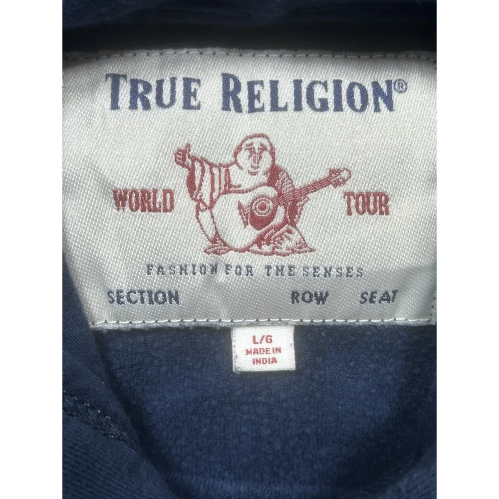 True Religion Hoodie Mens L Blue White Color Block Metallic Logo Sweatshirt SPOT